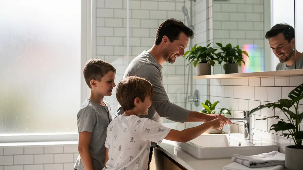 Une famille multigénérationnelle partage un moment de complicité dans une salle de bain lumineuse, avec des éléments visuels suggérant l'économie d'eau