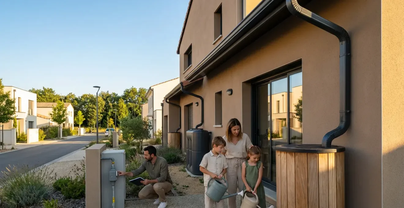 Famille de quatre personnes dans une maison moderne avec système de récupération d'eau visible