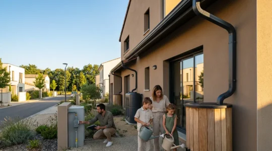 Famille de quatre personnes dans une maison moderne avec système de récupération d'eau visible