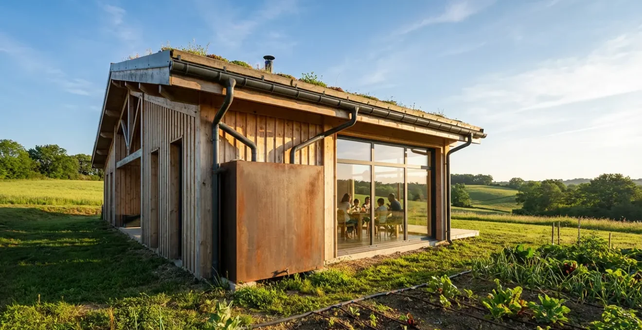Vue d'une maison écologique avec système de récupération d'eau de pluie et jardin verdoyant