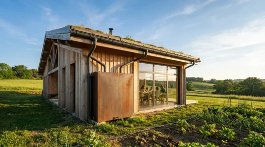 Vue d'une maison écologique avec système de récupération d'eau de pluie et jardin verdoyant