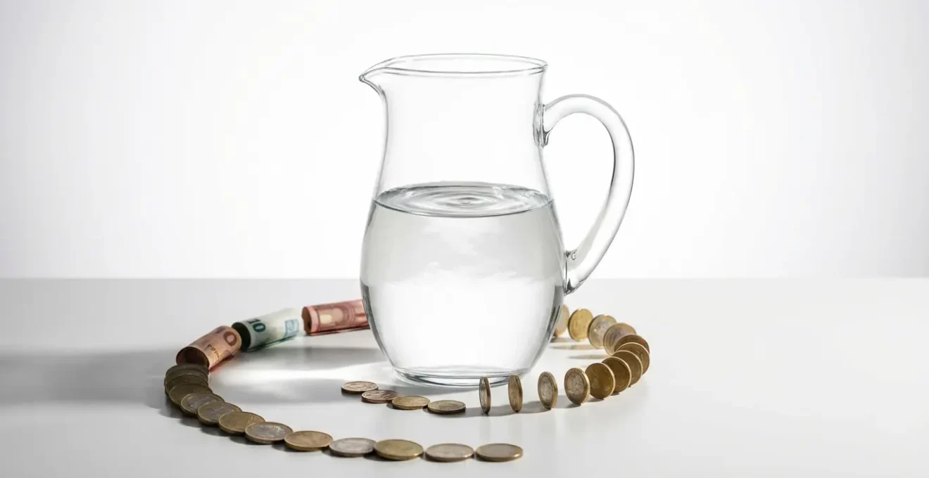 Graphique montrant l'évolution croissante du prix de l'eau avec billets euros