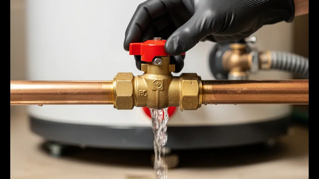 Gros plan sur une main tournant la molette rouge d'un groupe de sécurité avec de l'eau s'écoulant