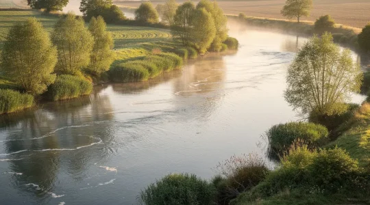 Vue aérienne d'une rivière française avec végétation riveraine et reflets de pollution discrète