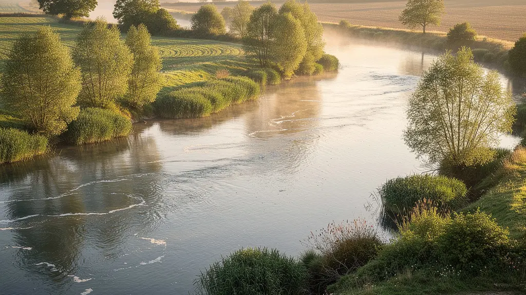 Vue aérienne d'une rivière française avec végétation riveraine et reflets de pollution discrète