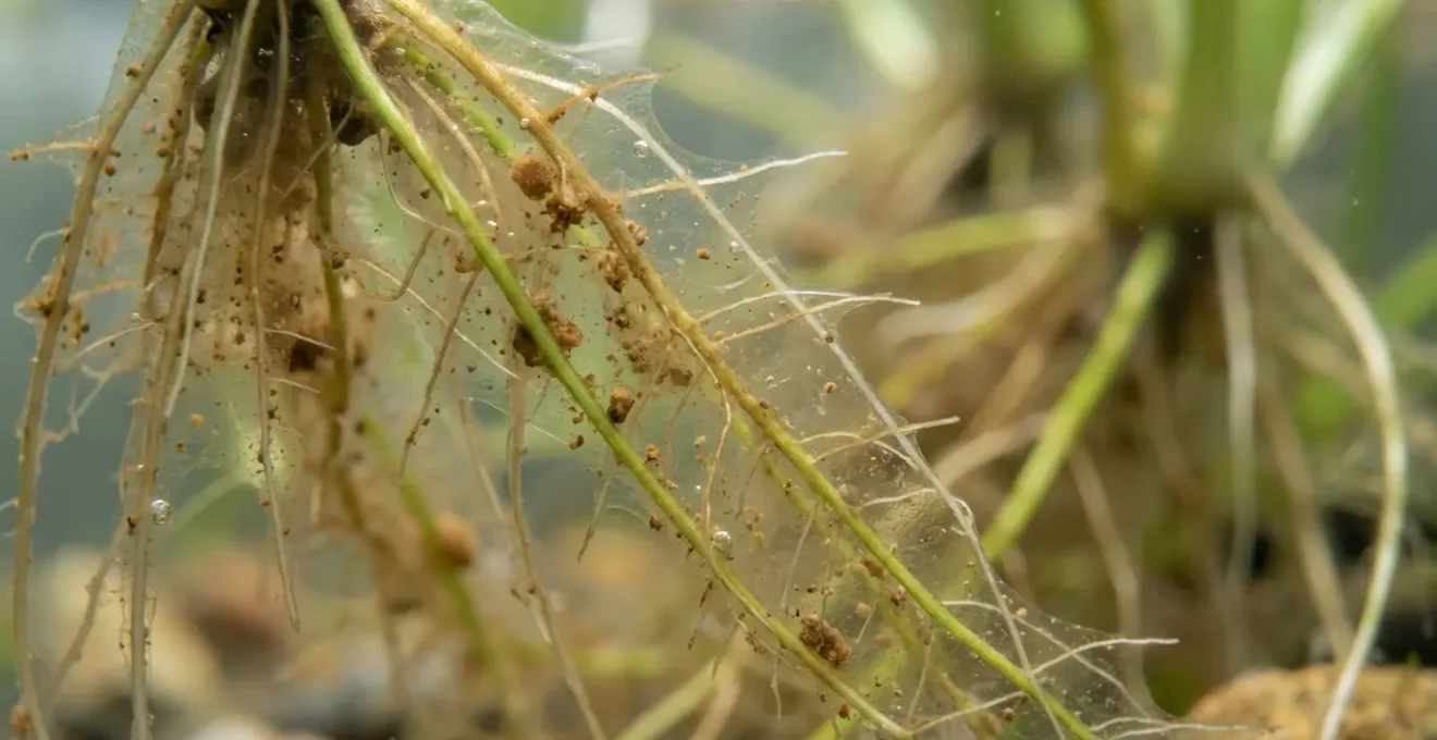 Vue macro de racines de plantes aquatiques dans un système de phytoépuration avec effet de filtration visible
