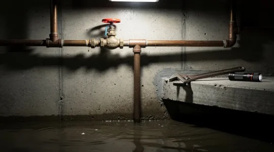 Tuyau d'arrivée d'eau avec vanne d'arrêt dans une cave humide lors d'une inondation