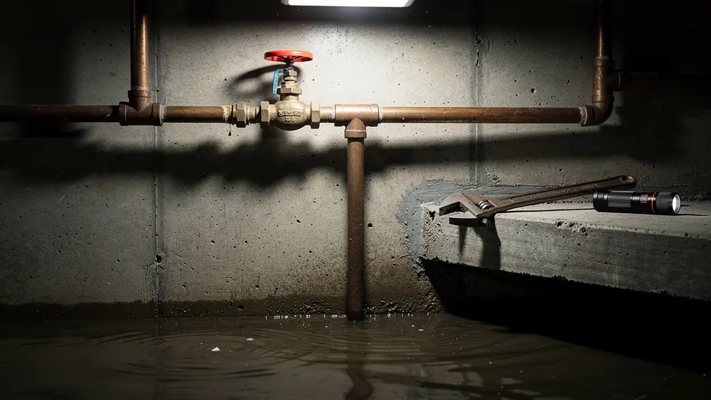 Tuyau d'arrivée d'eau avec vanne d'arrêt dans une cave humide lors d'une inondation