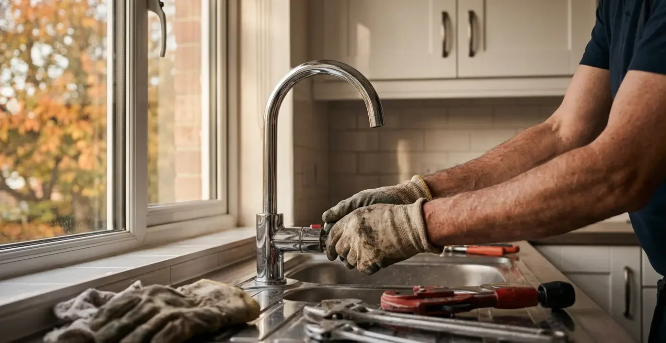 Artisan RGE installant un mitigeur thermostatique certifié dans une cuisine française rénovée