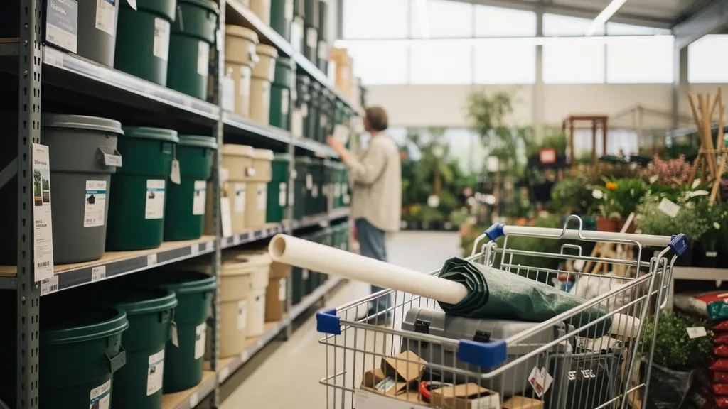 Kit de récupérateur d'eau de pluie exposé dans une allée de grande surface de bricolage avec différents modèles