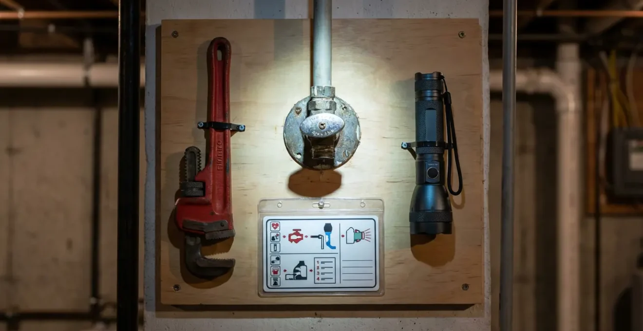 Kit d'urgence organisé près d'une vanne d'arrêt d'eau avec outils et instructions visibles