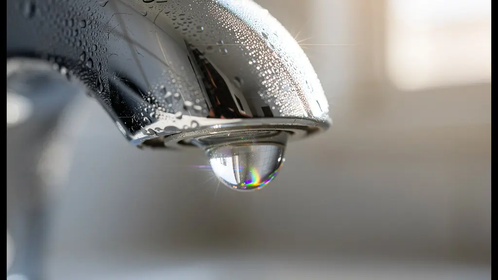 Gros plan macro sur une goutte d'eau se formant à l'extrémité d'un robinet chromé