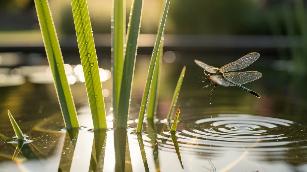 Mare naturelle de jardin en France avec des iris et des plantes aquatiques filtrant une eau claire où volent des libellules.