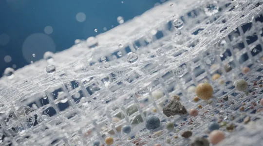 Vue macro d'une membrane d'osmose inverse semi-perméable avec molécules d'eau traversant les pores microscopiques