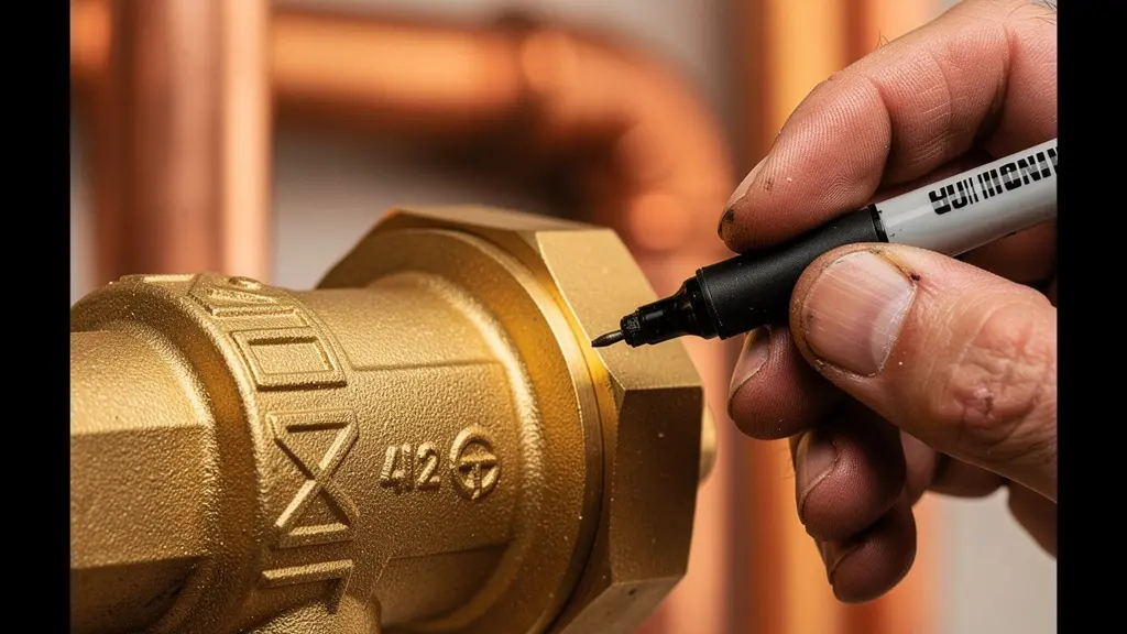 Gros plan sur une main marquant la position initiale d'une vanne de réglage avec un marqueur