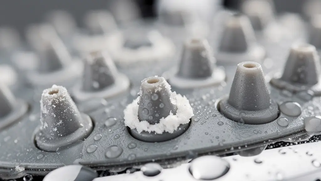 Gros plan macro sur les picots en silicone d'une douchette avec dépôts calcaires visibles