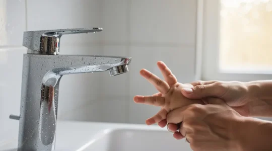 Vue rapprochée d'un mitigeur thermostatique chromé avec main d'enfant et main d'adulte, dans une salle de bain lumineuse