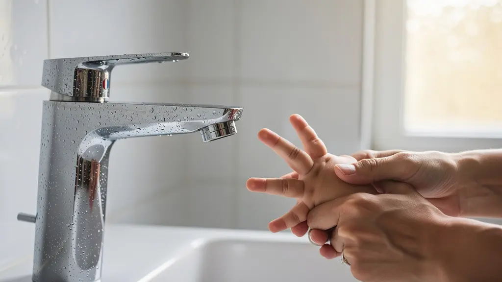 Vue rapprochée d'un mitigeur thermostatique chromé avec main d'enfant et main d'adulte, dans une salle de bain lumineuse