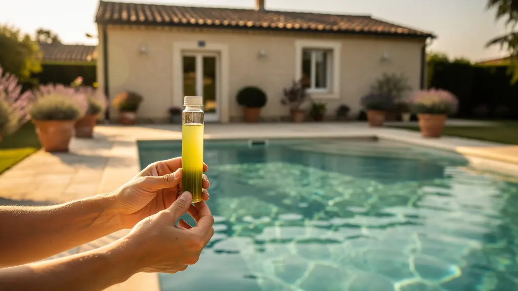 Vue d'une piscine privée en France avec une famille testant la qualité de l'eau dans un environnement paisible