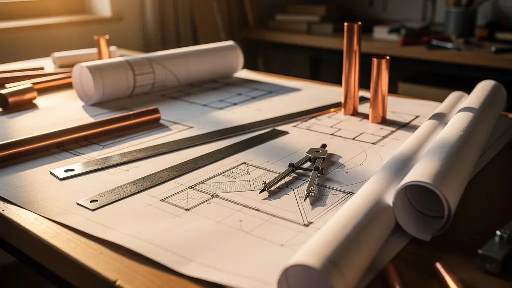 Documents techniques et plans de canalisations étalés sur une table de travail avec outils de mesure