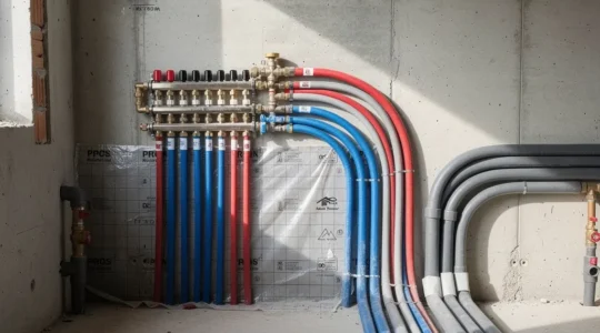 Installation de plomberie moderne dans une maison neuve avec équipements économes en eau et isolation thermique des tuyaux