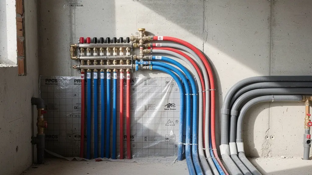 Installation de plomberie moderne dans une maison neuve avec équipements économes en eau et isolation thermique des tuyaux