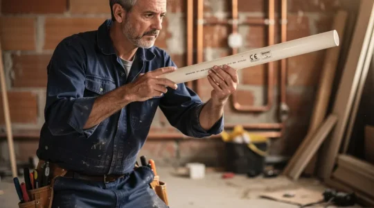 Artisan plombier en tenue professionnelle examinant attentivement le marquage d'un tuyau PVC dans un chantier de rénovation