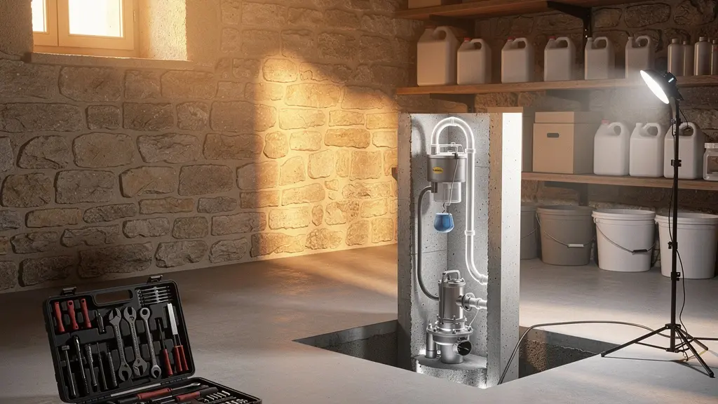 Vue en coupe d'un système de pompe de relevage domestique avec lumière d'atelier et outils d'entretien