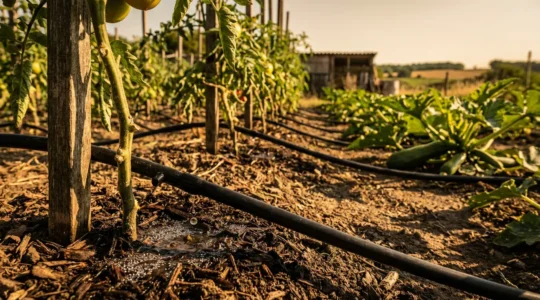 Système de goutte-à-goutte installé dans un potager français avec plants de tomates et courgettes sous le soleil de canicule