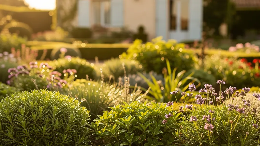 Vue d'un jardin luxuriant avec système d'arrosage automatique en action au crépuscule