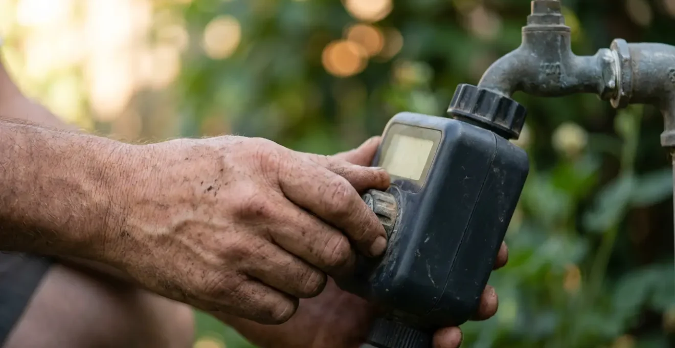 Gros plan sur une main réglant un programmateur d'arrosage connecté avec application smartphone