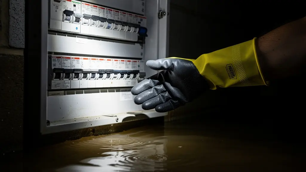 Main gantée coupant le disjoncteur principal dans un tableau électrique pendant une inondation