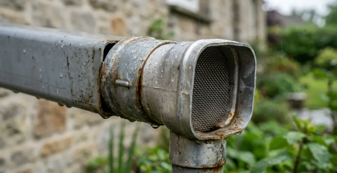 Gros plan sur un système de raccordement entre gouttière et collecteur filtrant sur une descente de toit