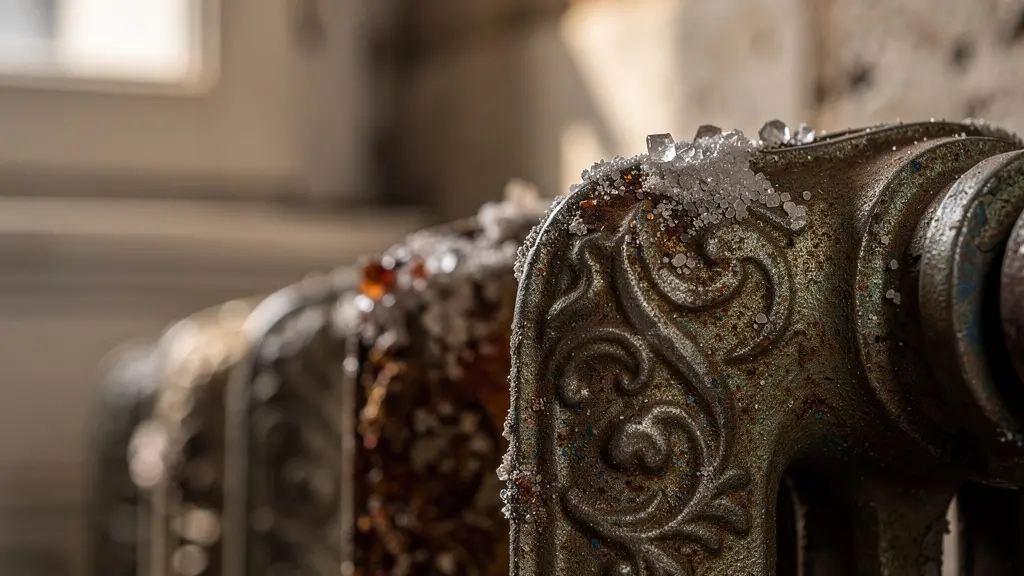 Radiateur en fonte avec zones froides visibles dans un intérieur français typique