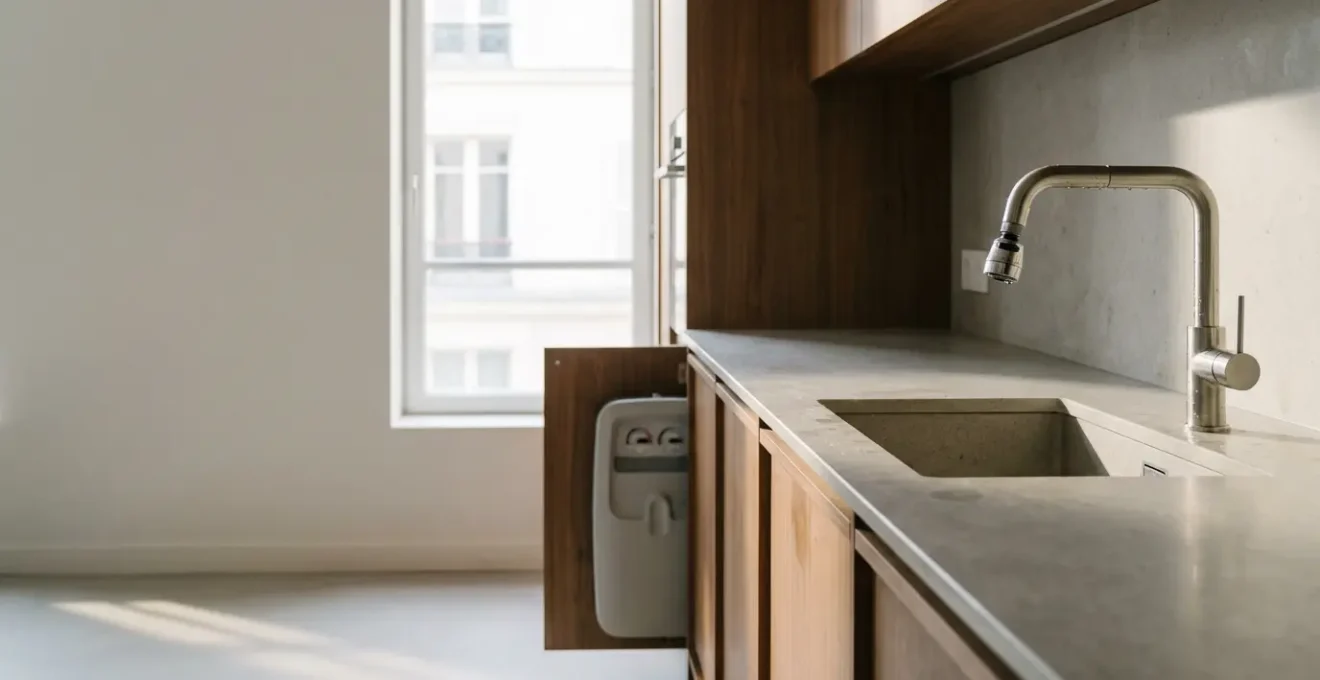 Cuisine moderne avec robinet équipé de mousseur économiseur et compteur d'eau visible, ambiance lumineuse naturelle