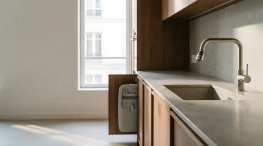 Cuisine moderne avec robinet équipé de mousseur économiseur et compteur d'eau visible, ambiance lumineuse naturelle