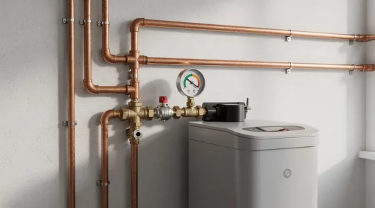 Installation d'adoucissement d'eau avec réglages visibles et canalisations en cuivre
