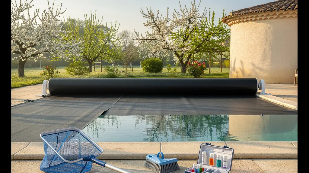 Vue d'ensemble d'une piscine en cours de remise en route printanière avec équipements