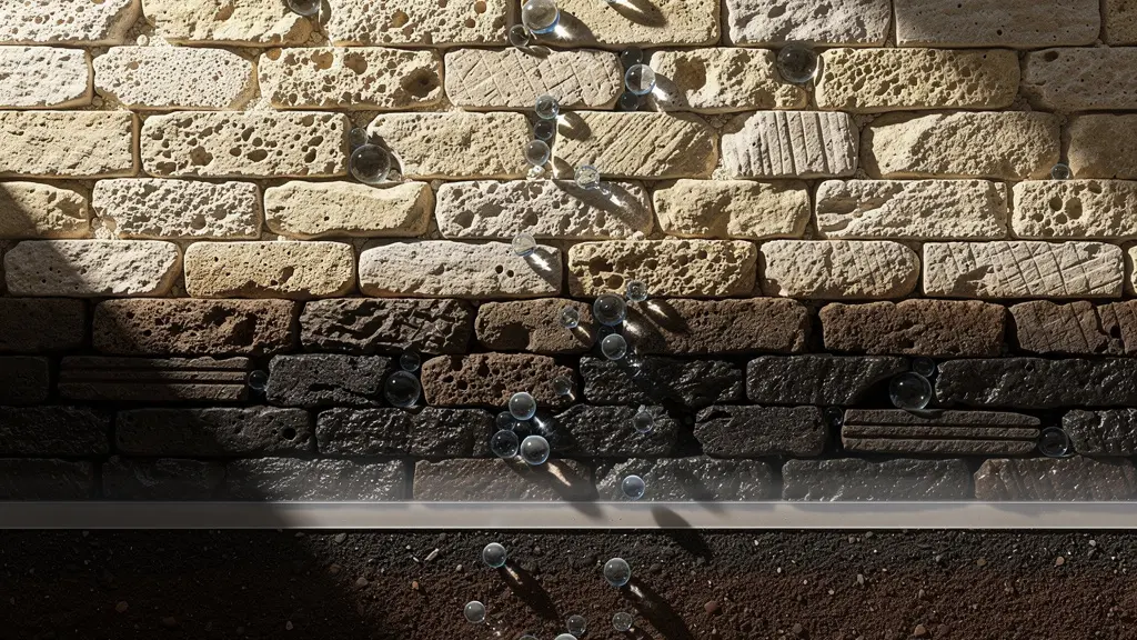 Coupe transversale d'un mur ancien montrant le phénomène de remontées capillaires