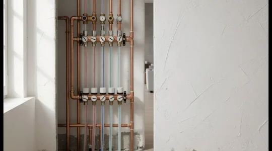 Vue détaillée d'une installation de plomberie moderne avec nourrice en cuivre dans une maison rénovée