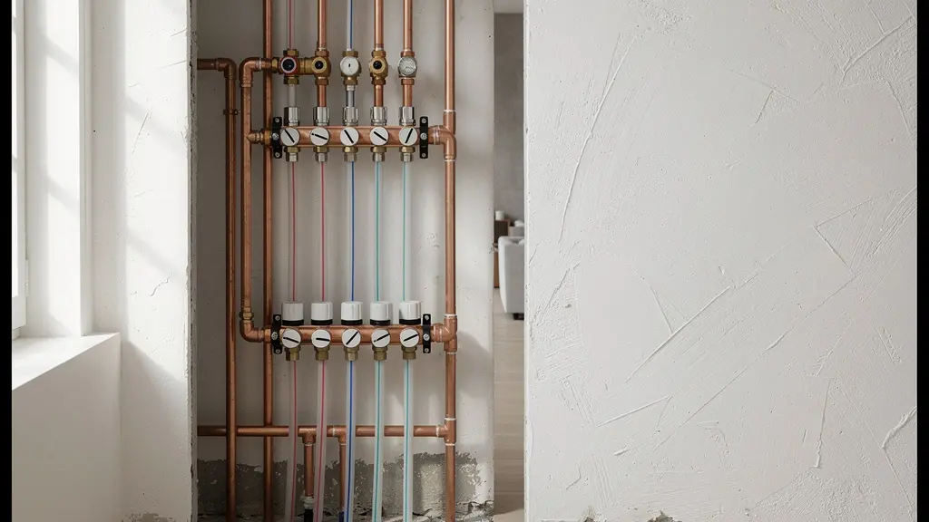 Vue détaillée d'une installation de plomberie moderne avec nourrice en cuivre dans une maison rénovée