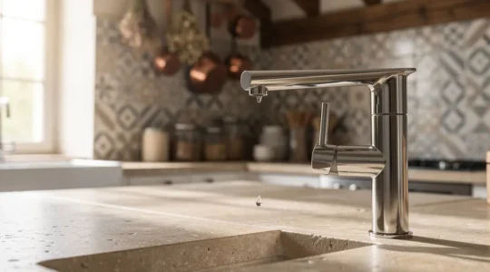 Robinet moderne en inox brillant avec gouttes d'eau cristallines dans une salle de bain lumineuse