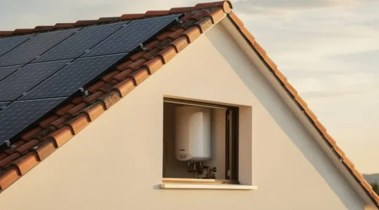 Installation d'un routeur solaire avec panneaux photovoltaïques et chauffe-eau dans une maison française