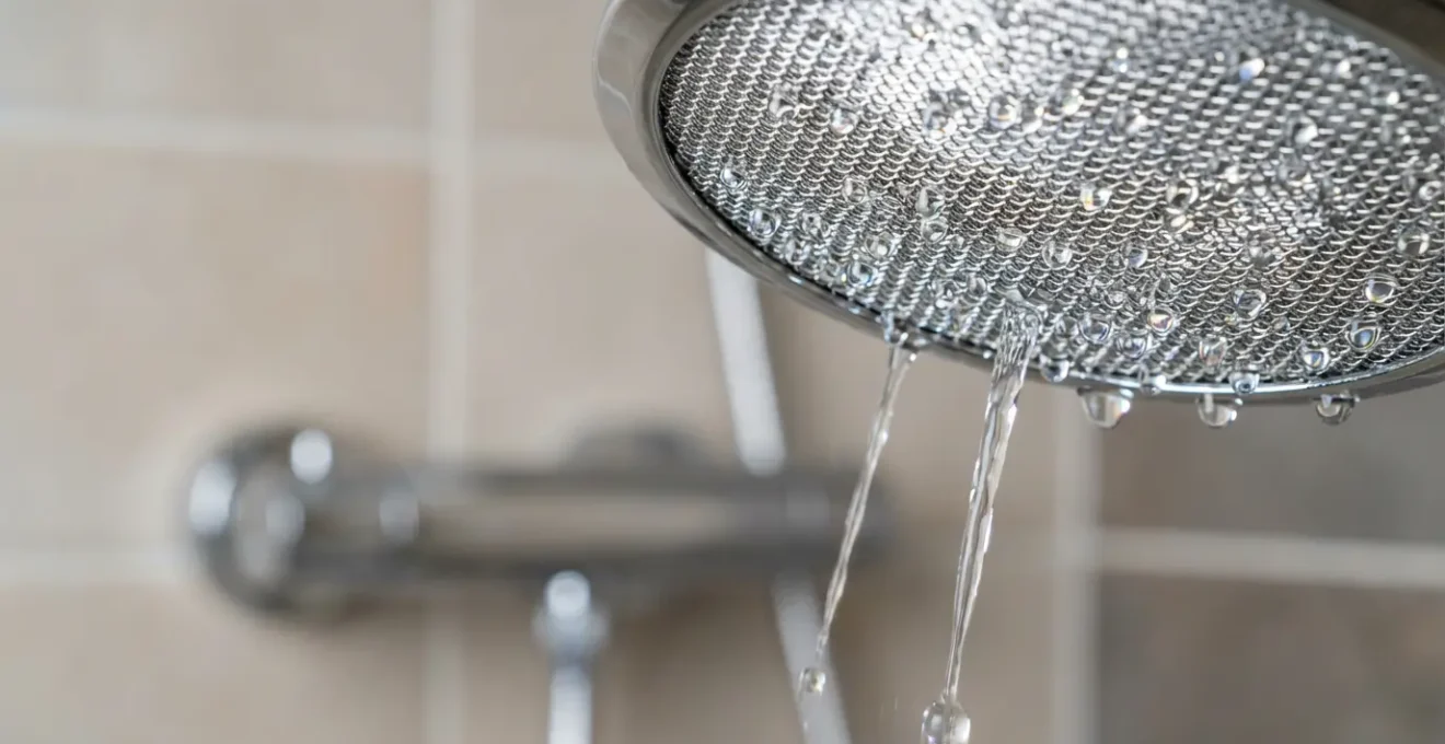 Salle de bain moderne avec pommeau de douche économique et mitigeur thermostatique