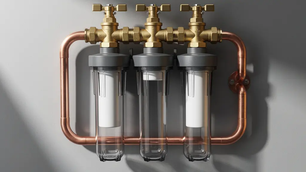 Installation complète d'un système de filtration avec by-pass sur tuyauterie cuivre