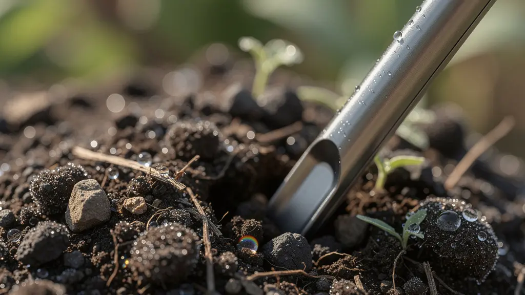 Gros plan sur un capteur d'humidité dans le sol d'un jardin avec des gouttes d'eau