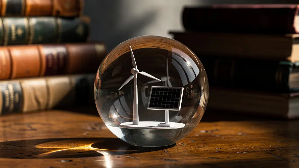 Métaphore visuelle du système de traçabilité énergétique avec une sphère en verre contenant des modèles d'énergies renouvelables posée sur un bureau.