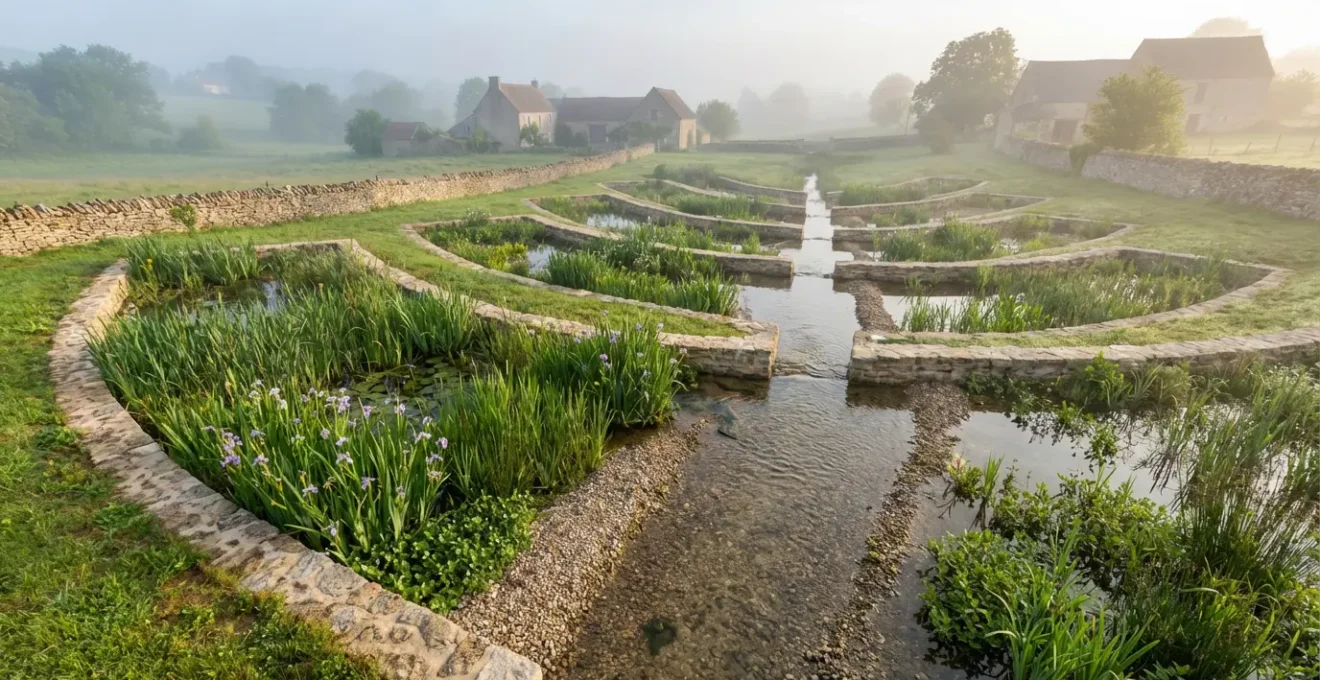 Vue aérienne d'un système de phytoépuration avec bassins de roseaux en terrasses