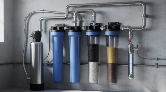 Système de traitement d'eau de forage avec filtres et UV dans une installation domestique moderne