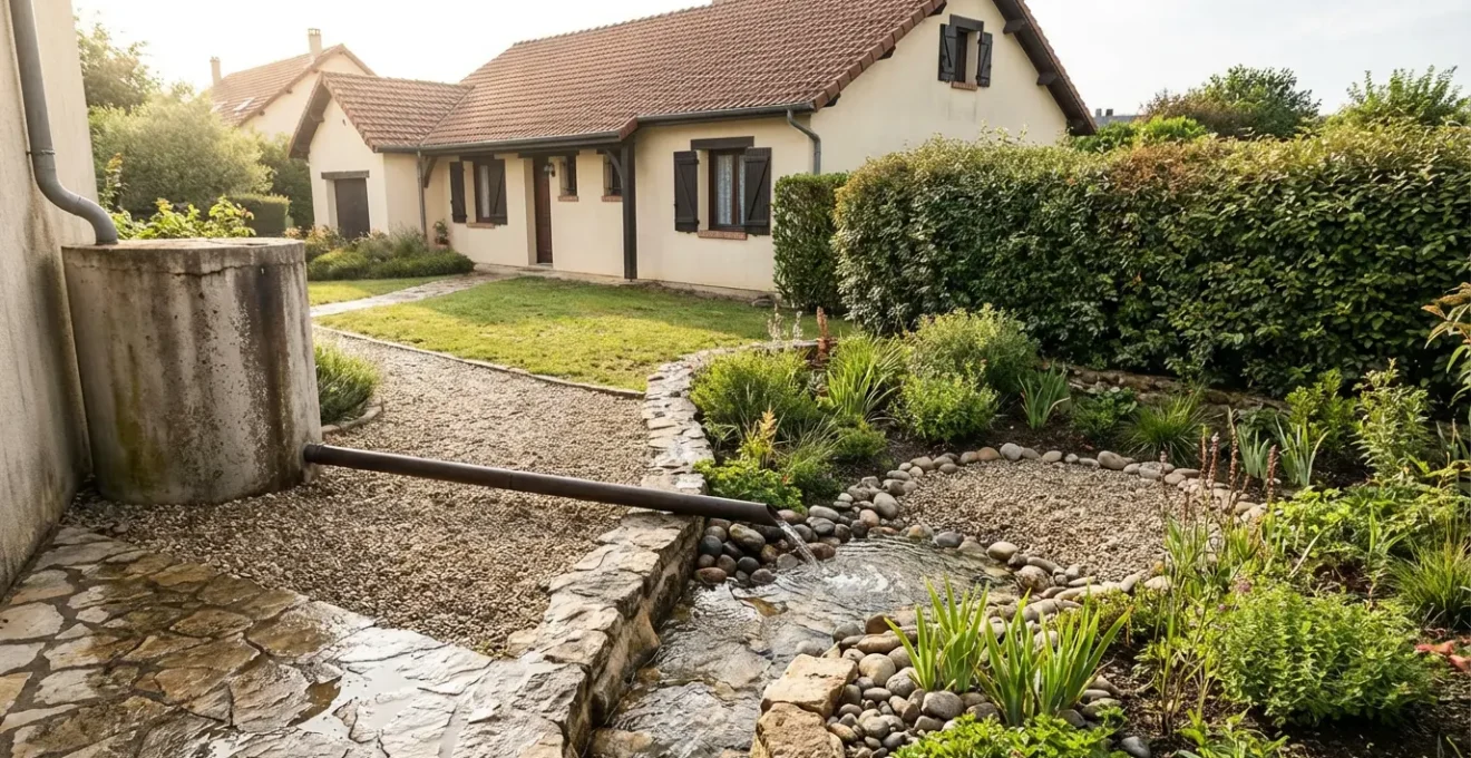 Vue d'ensemble d'un système de trop-plein dirigé vers une noue paysagère pour infiltration naturelle